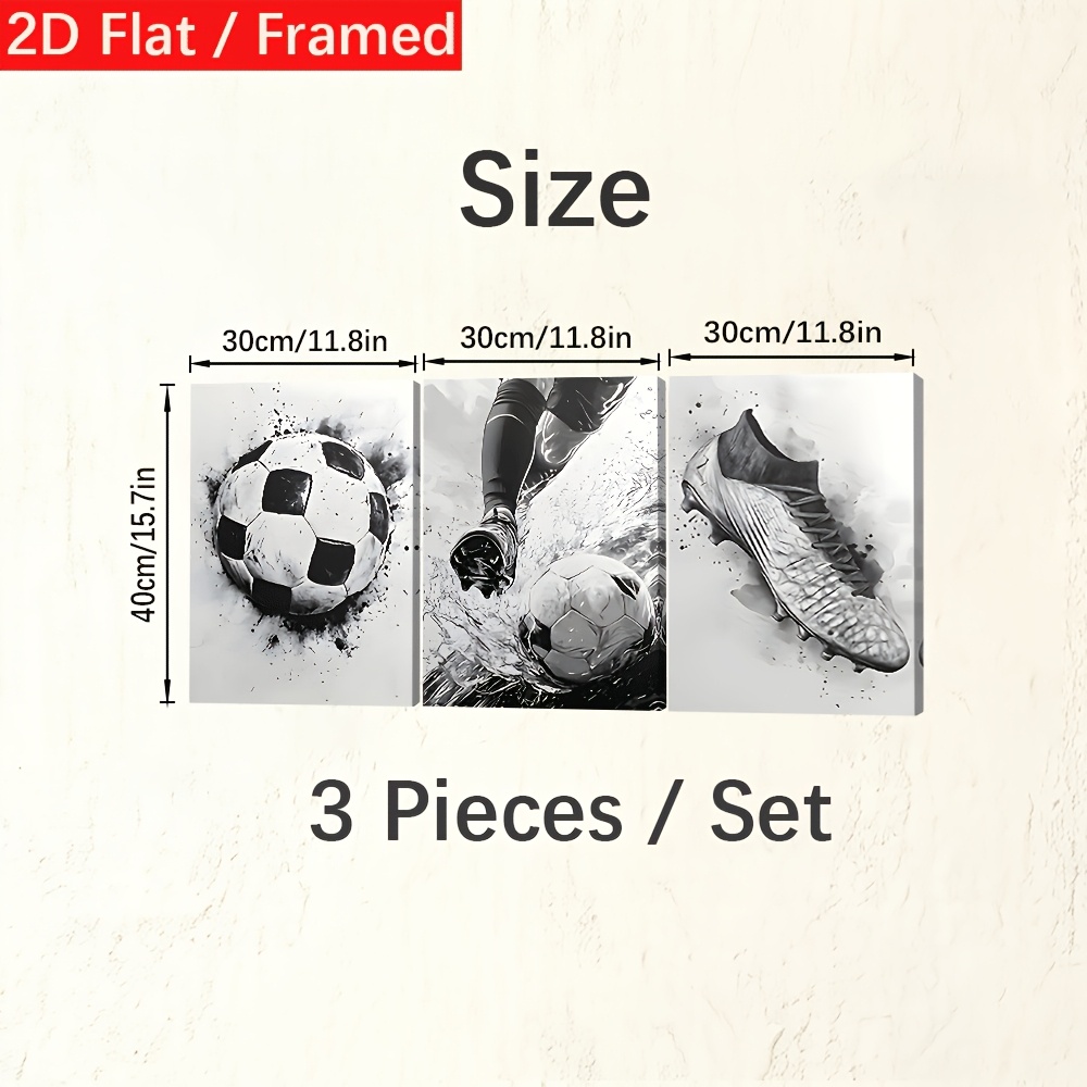TEMU 2d Flat, 2d Flat, Wall Decor 2d Flat 3pcs Wooden Frame Canvas Painting "black And White Football Art Combination - Football Canvas Print For
