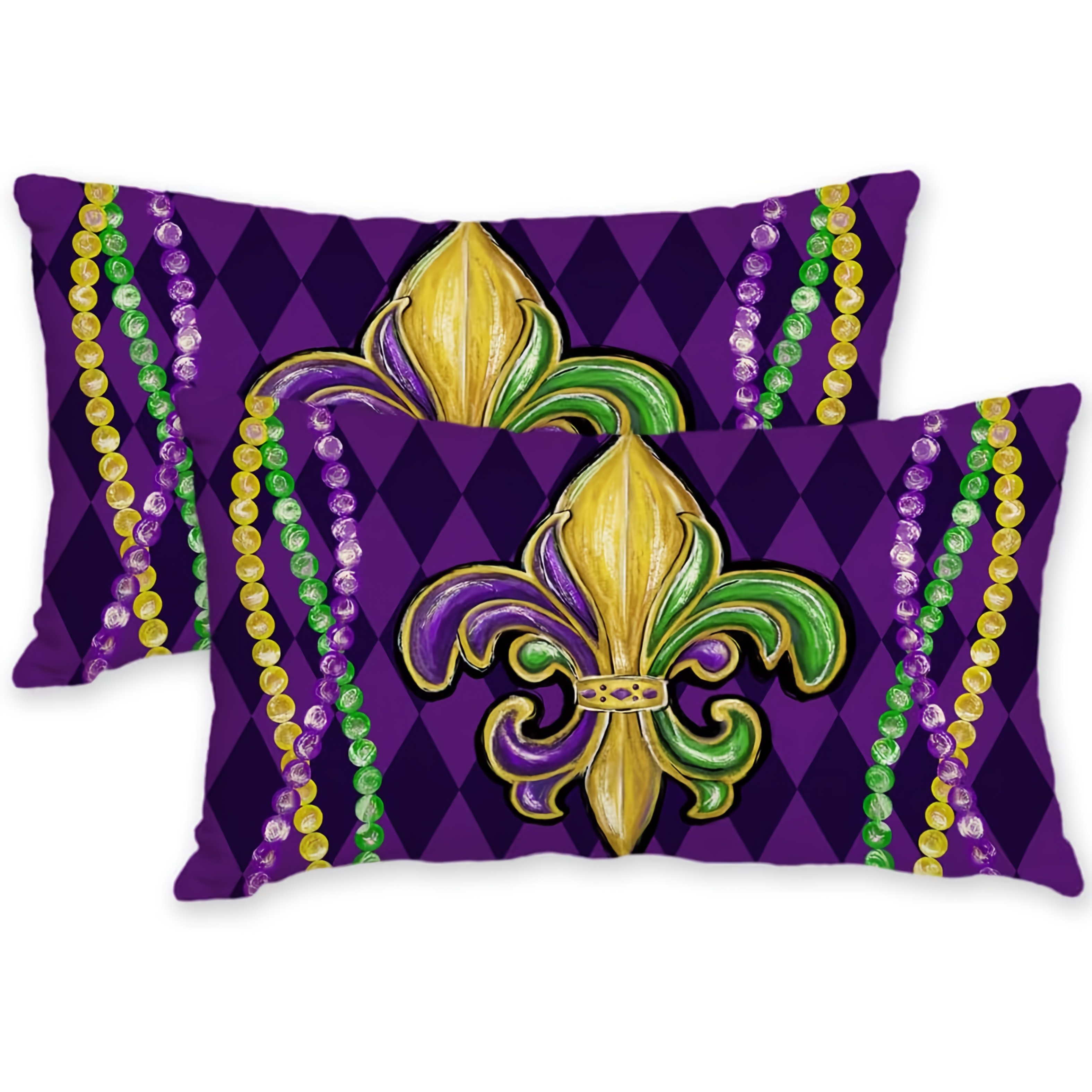 

2-pack Mardi Gras Linen Pillow Covers, Fleur And Beads Design, Machine Washable, Zipper Closure, Woven Decorative Cushion Cases For Home And Sofa - Contemporary Farmhouse Style Decor