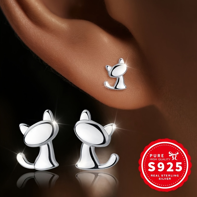 Image of A Pair Of S925 Sterling Silver, Ladies Cat Earrings, Individual , , Exquisite And Sweet, Suitable For Daily Versatile Gift , Hypoallergenic