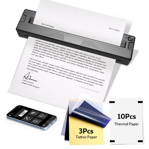 portable printers wireless for travel inkless thermal bluetooth mini printer compatible with ios laptop support 8 5 x 11 us letter a4 portable travel printer for home with 3pcs tattoo transfer paper and 10 folded thermal