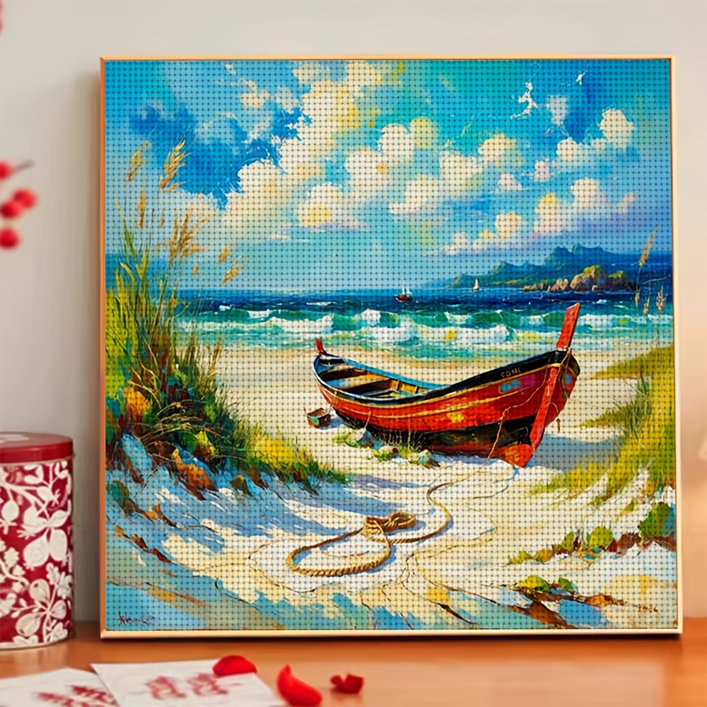 Frameless Cross-Stitch Printed Kit, "Red Boat on Sandy Beach" Home Decor Art