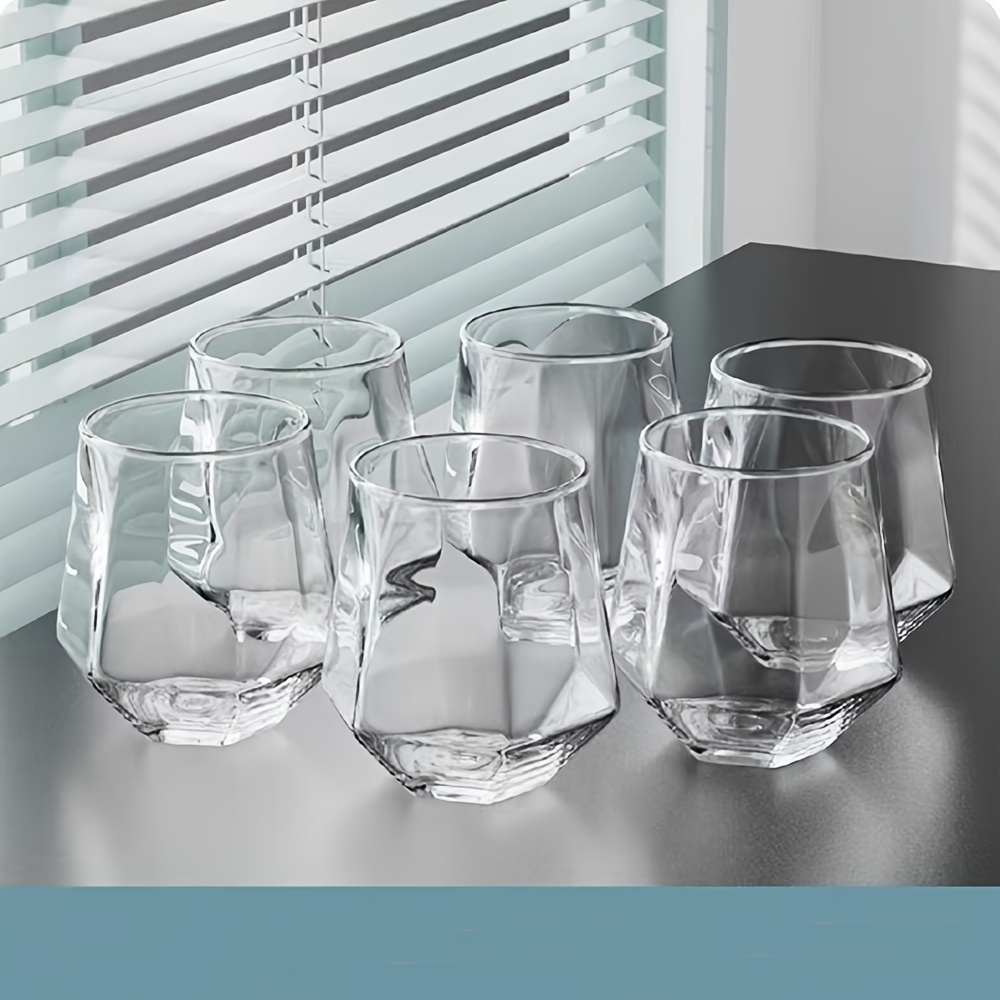 Image of 6 Geometric Glass Cups Suitable For Beer, Whiskey, And Beverages Like Hot And Cold Drinks, Juice, Milk, And Tea. Their Makes Them Ideal For Home And Hotel Dining
