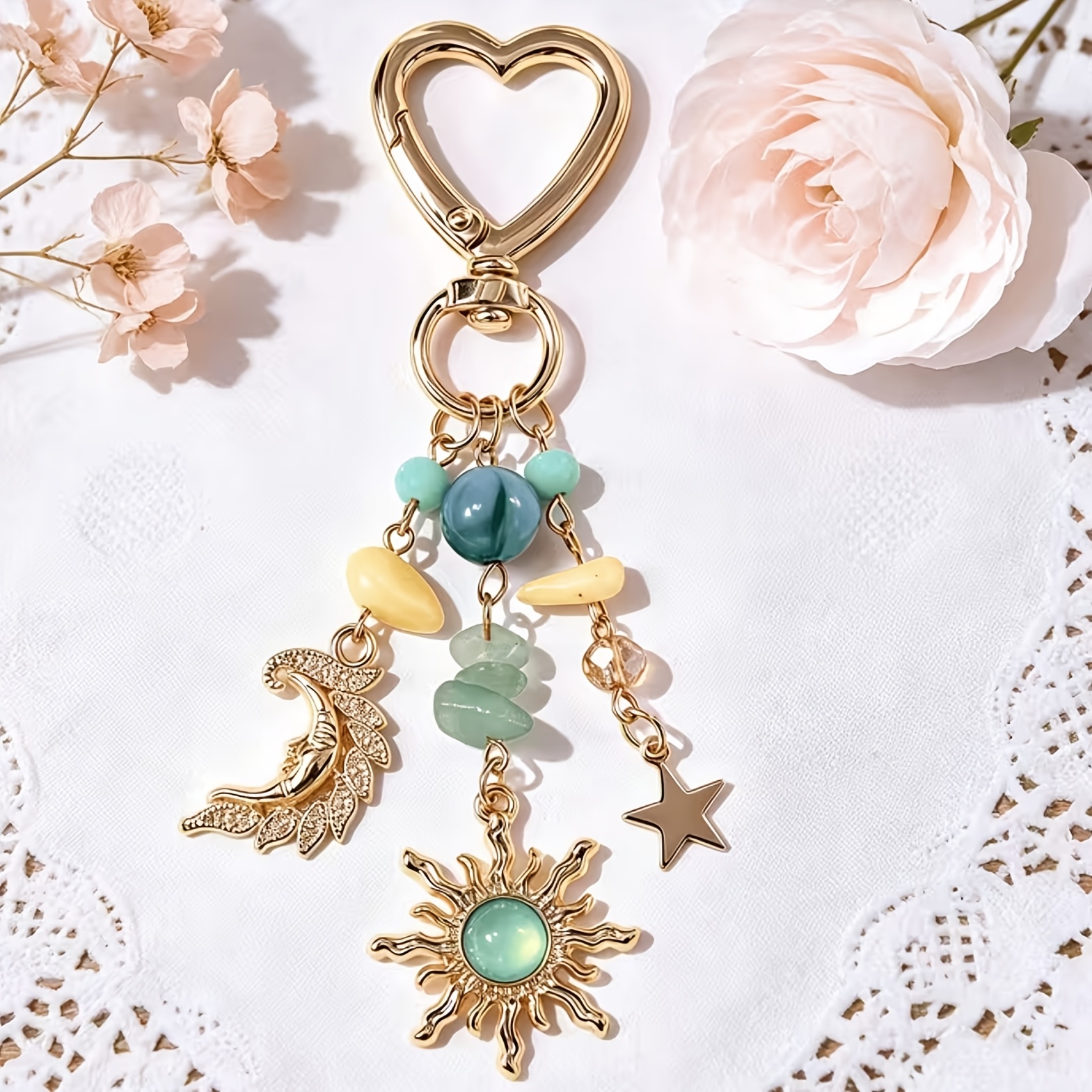 1pc Bohemian- And Moon Heart Keychain, With Shiny And Stone Decorations, High-end, Celestial Fashion Accessory Gift, Suitable For Daily Wear