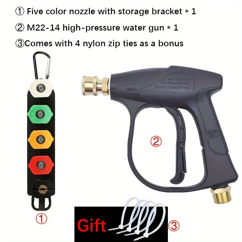 4350psi high pressure car wash water gun is used for high pressure cold water cleaning machine m22 14 tail connection 1 4 quick interface nozzles with storage base easy to store and not easy to lose Product details 7
