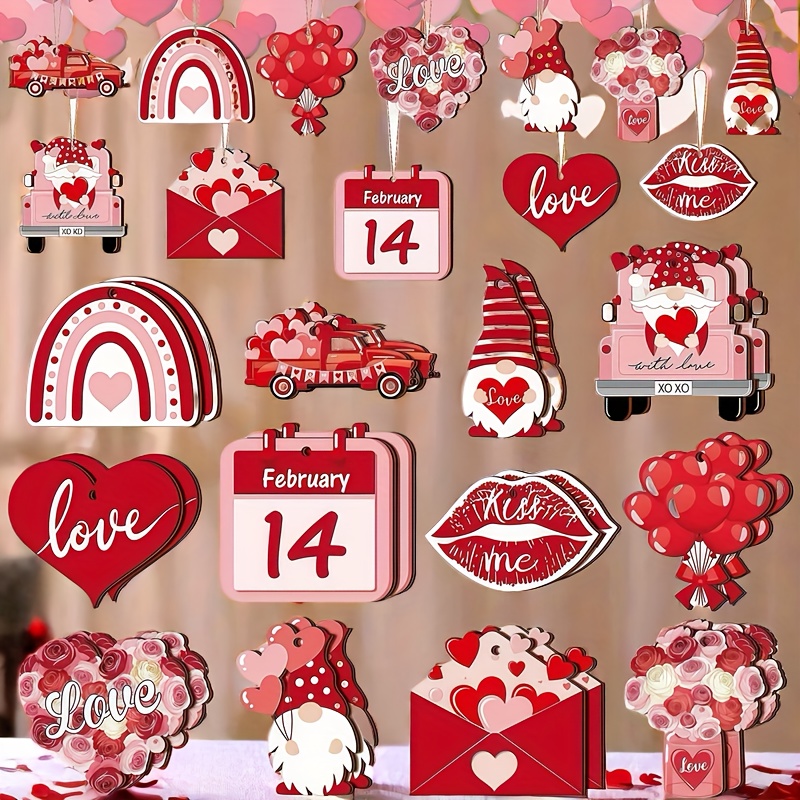 

's Day Wooden Hanging Ornament Set - Cute Dwarfs, Hearts, Love Balloons, Roses And Gift Designs, Suitable For Home Decoration, Party Decoration And