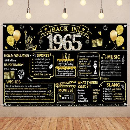 vintage 1965 birthday banner back in 1965 retro party decorations with black golden durable polyester anniversary backdrop for 60th birthday wedding or vintage themed party decor nostalgic 1960s photo booth decorations celebration decorations classic celebration style material event signage event organizers signage
