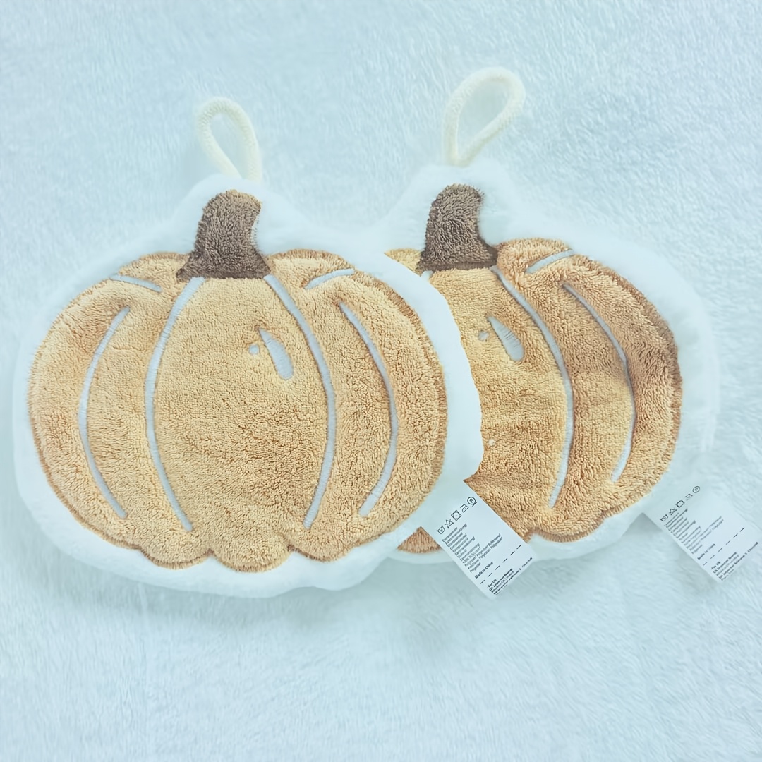 TEMU 2-pack Pumpkin-shaped Hanging Hand Towels - Absorbent Microfiber Suitable For All, Fluffy Coral Fleece Wipes With Autumn Decor, Pumpkins For