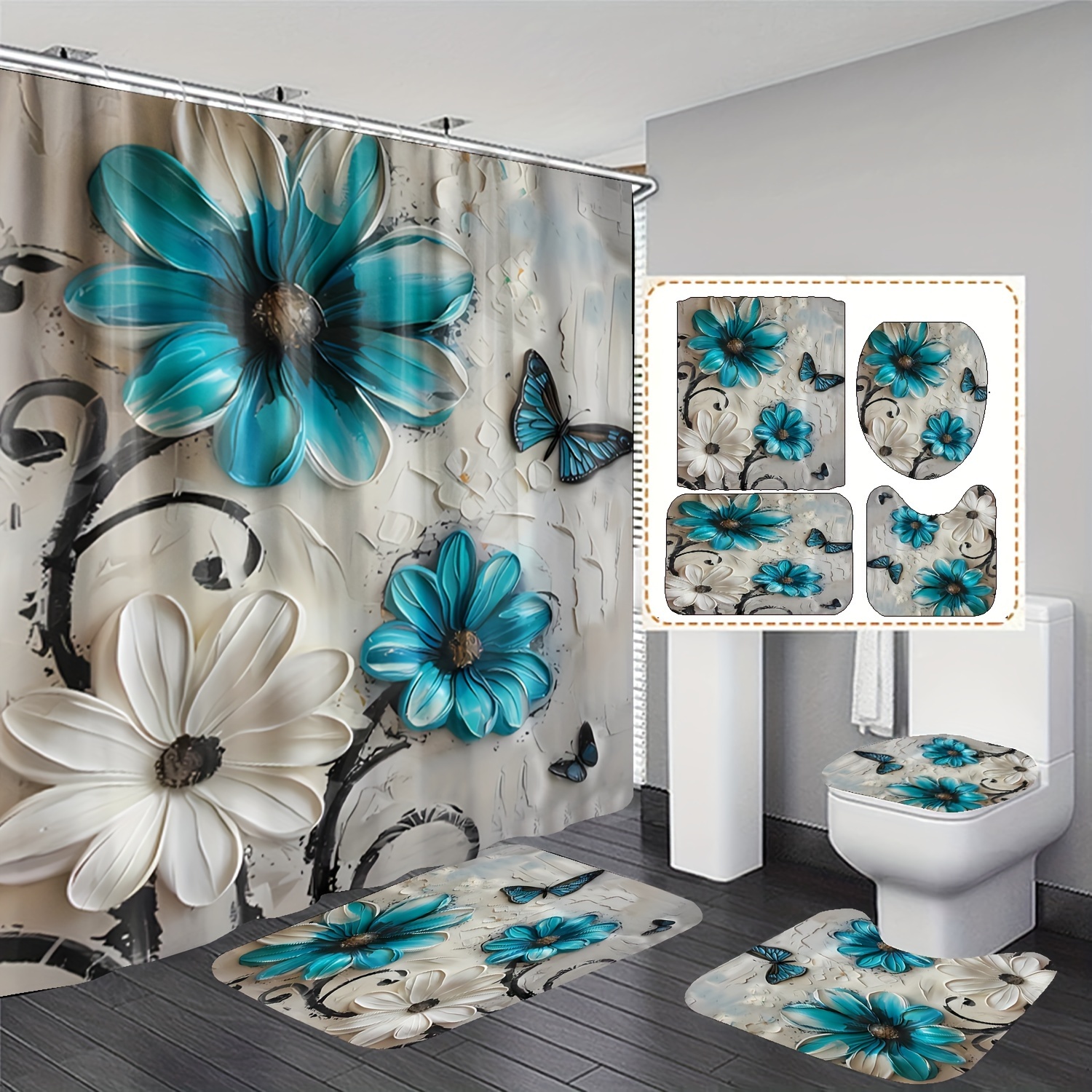 

4pcs Floral Shower Curtain Set With Non-slip Bath Mat, U-shaped Rug, And Toilet Lid Cover - Waterproof Polyester, Machine Washable