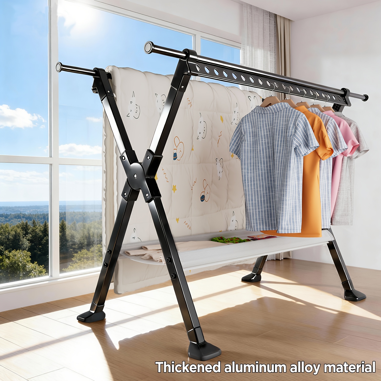 TEMU Aluminum Thickened Retractable Clothes Drying Rack Floor-standing Balcony Household Folding Clothes Drying Rod Indoor And Outdoor Drying Quilt,