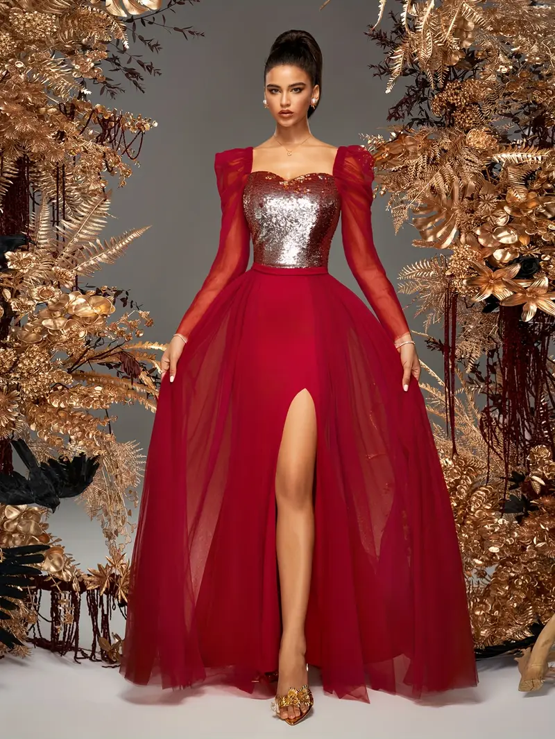 Women's Elegant Party Wedding Dress - Long Formal gown with High Side Slit * Evening prom dress for Women, Formal Events & Special Occasions, Dresses for Wedding Guest, Chic Neckline Women's Elegant Party Wedding Dress - Long Formal gown with High Side Slit * Evening prom dress for Women, Formal Events & Special Occasions, Dresses for Wedding Guest, Chic Neckline