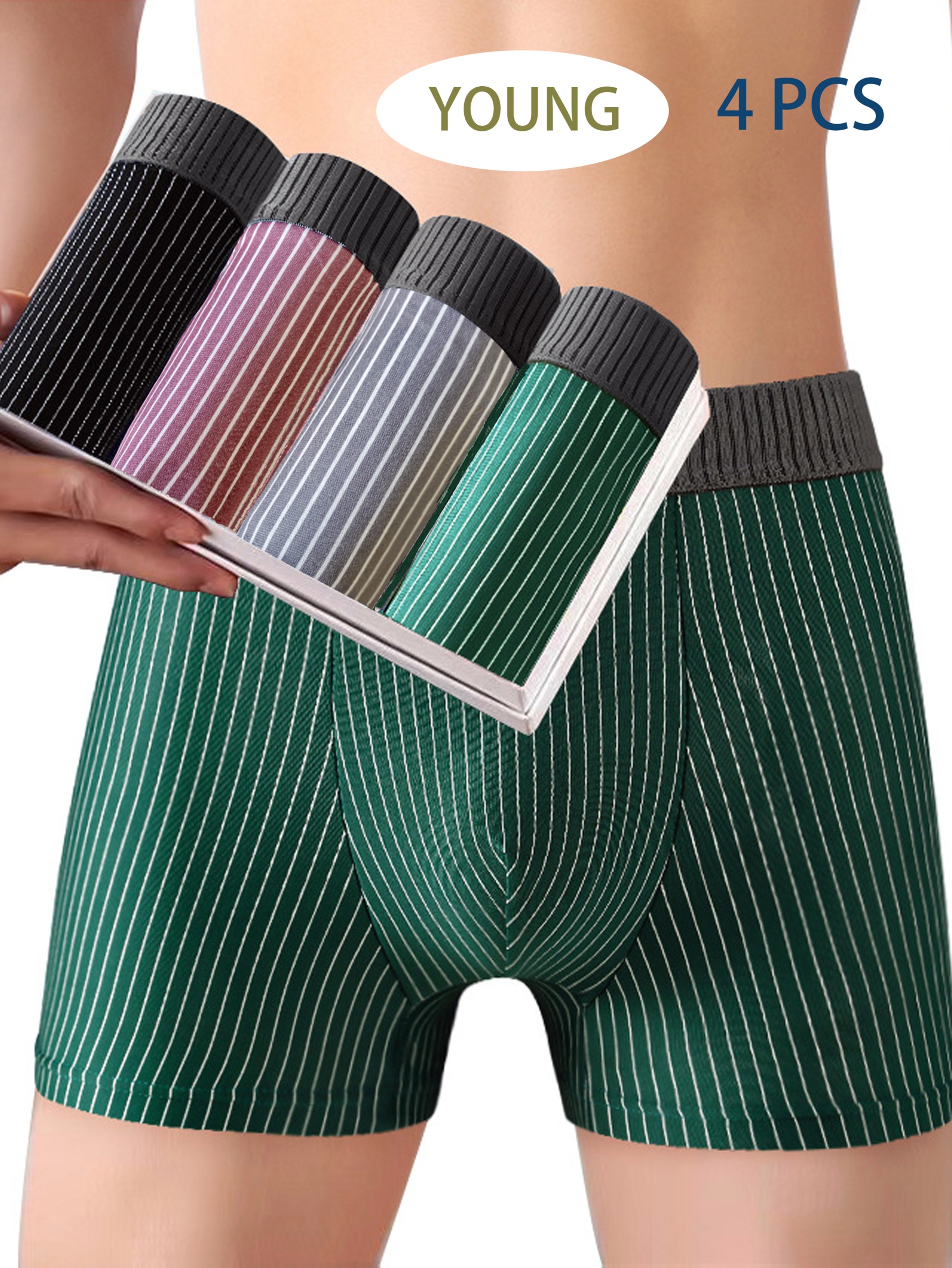 4pcs mens boxer briefs breathable     underwear with striped design medium stretch solid color for young casual daily wear comfortable stylish everyday underwear modern boxers knit construction flat corner pants mens underwear