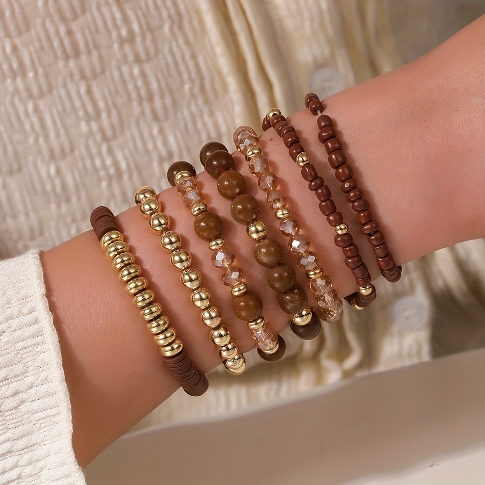 Image of A 7pcs Ethnic Style Acrylic Ccb Bead Elastic Bracelet Set Suitable For Men And Women, Wear, Parties, Dances, And As Gifts