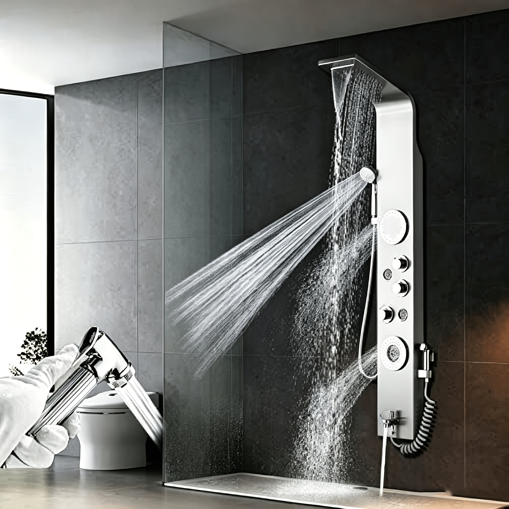 Shower Panel Black, Stainless Steel Shower Tower System With Waterfall Shower Head, Massage Spray, Handheld Shower, Tub Spout