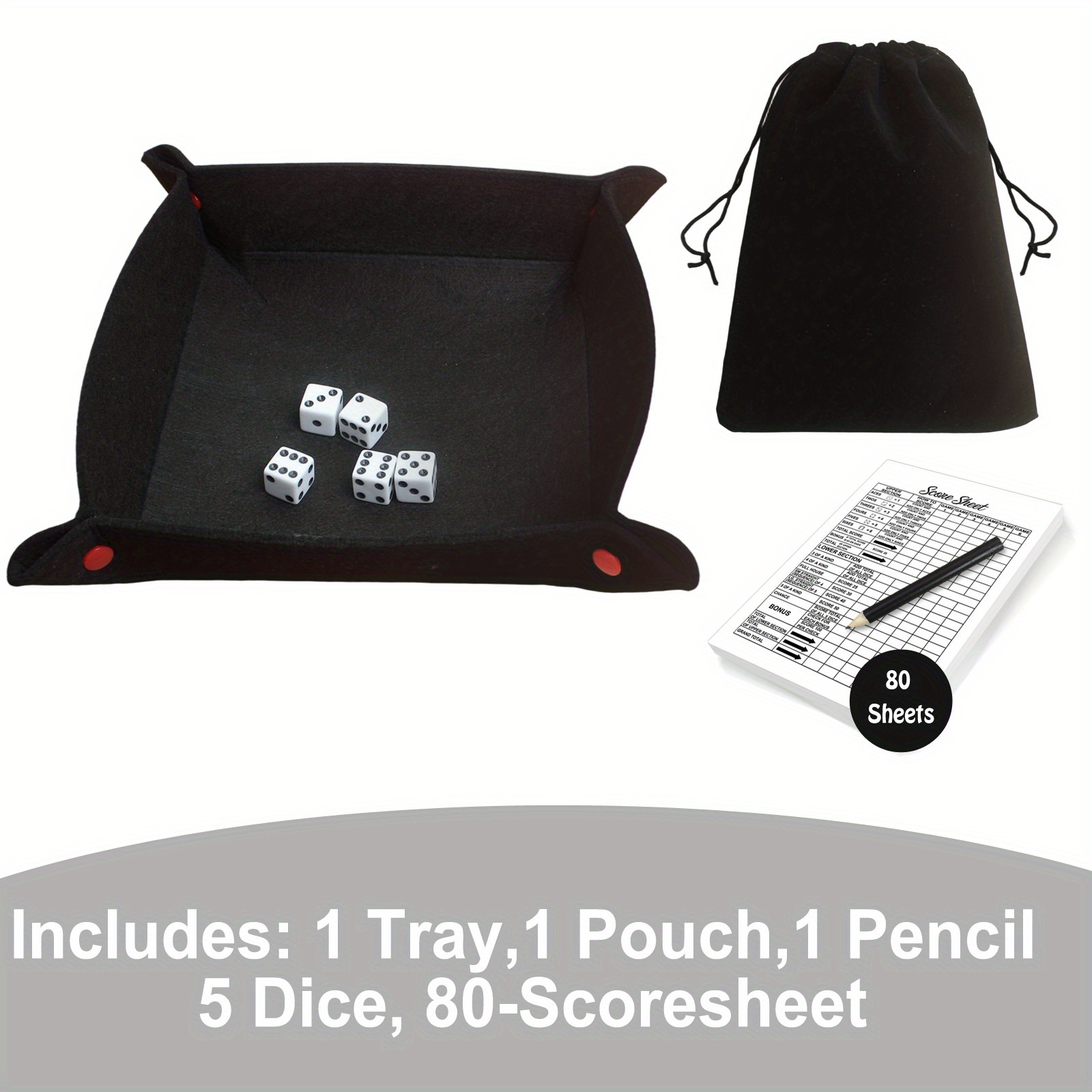 Scoresheet Kit For Dice Game - 80 Scoresheet, Square Dice Tray, 5pcs Dice, Drawstring Storage Bag And Pencil
