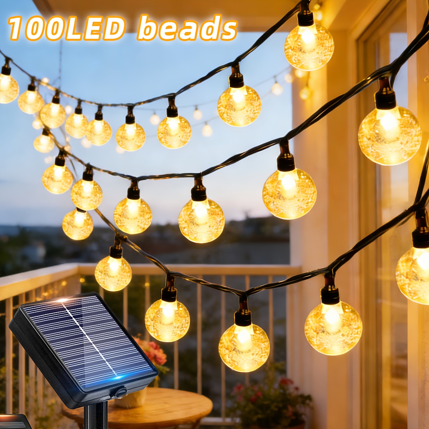 E-shop Solare Feen-Lichterkette für den Außenbereich, 100/50/20 LED-Blasenkugel-Feen-Dekolichter, 10 Beleuchtungsmodi, Warmweiß, für Terrasse, Weg,