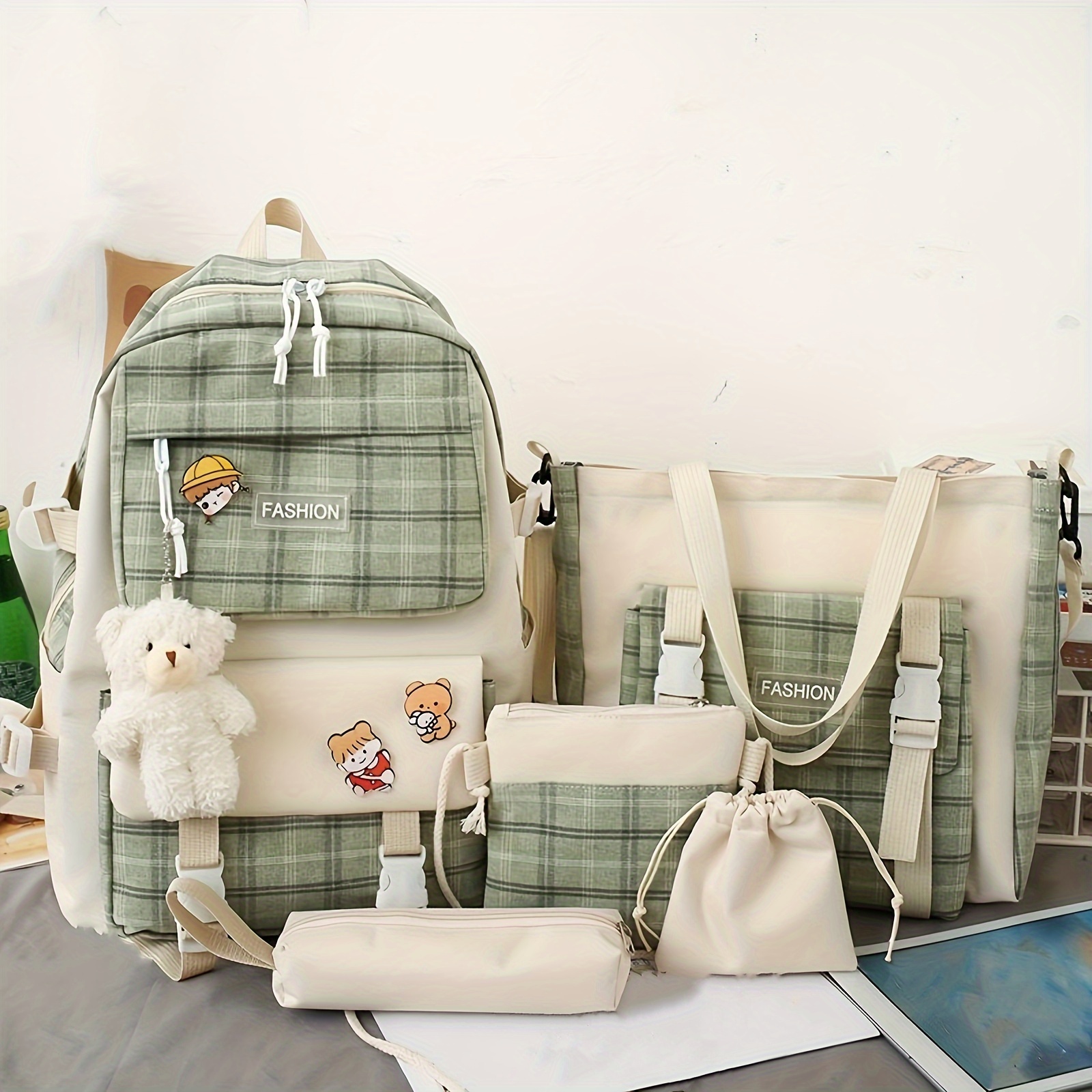 

New Fashionable Cloth Contrast Color Large Capacity Campus Backpack Five-piece Set With Bear Pendant