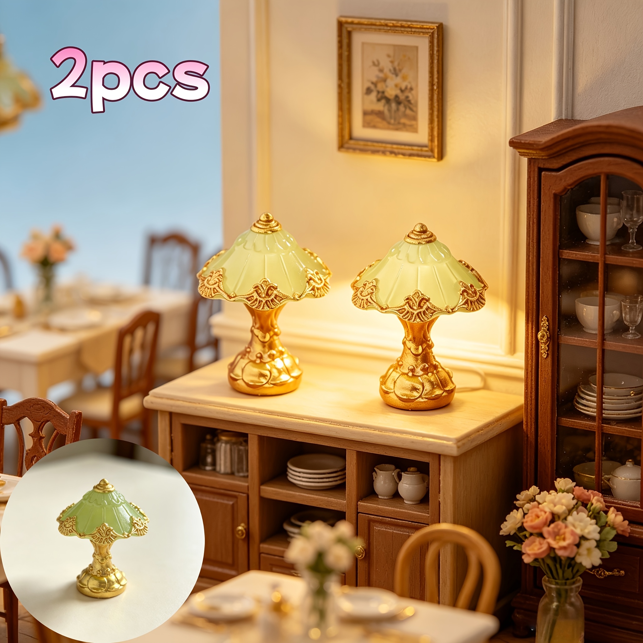 TEMU 2pcs, Miniature Retro Golden Carved Table Lamps, Miniature House Table And Entrance Decorative Props, 1:12 Dollhouse Living Room Bedroom