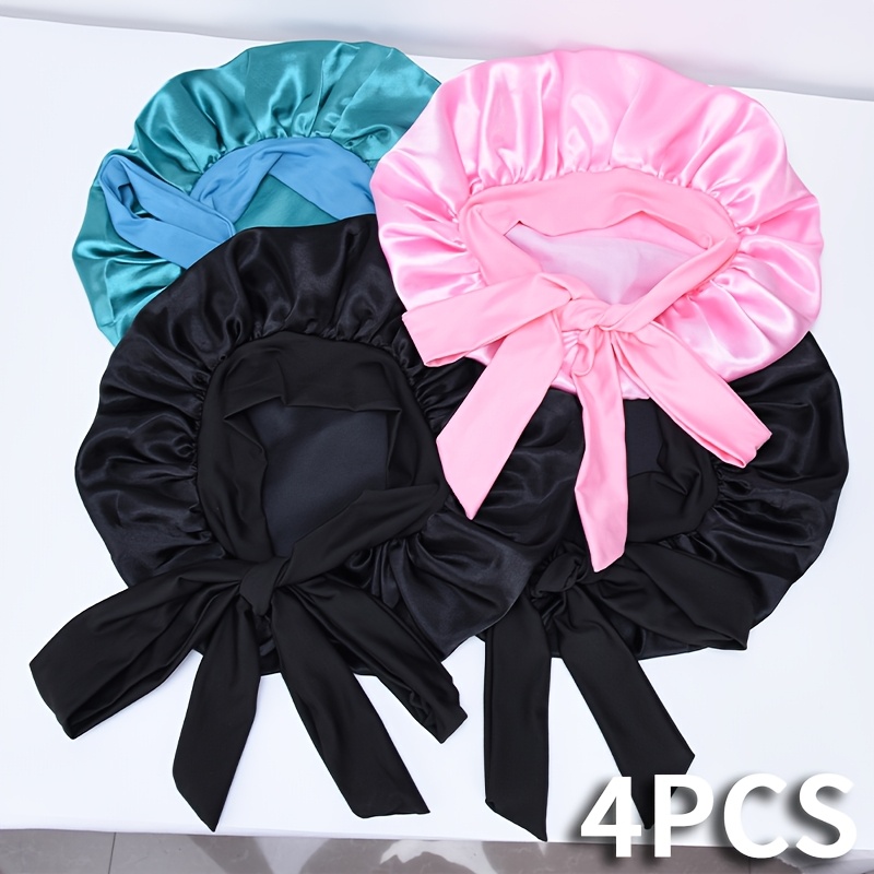 TEMU Zihan 4pcs Satin Sleeping Bonnets 2pcs Black+pink+green Large Hair Care Night Bonnet With Adjustable Tie Bands Multi-use Sleep & Casual Wear