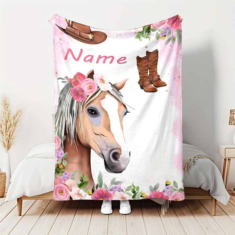 

1pc Custom Horse And Floral Personalized Name Blankets - Plush Flannel, , Comfort, Soft Polyester, Animal Theme, , Camping, Travel