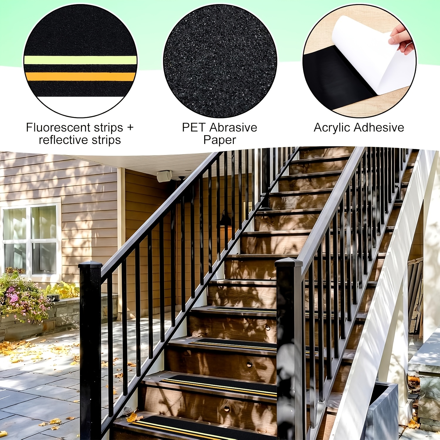 Double Reflective Tapes Outdoor Stair Tread Non-Slip, with Reflective And Glow-In-Dark Strips, Non-Slip Stair Tread High-Traction Tape, Suitable for Wooden Steps Ramps Deck Boat, Black