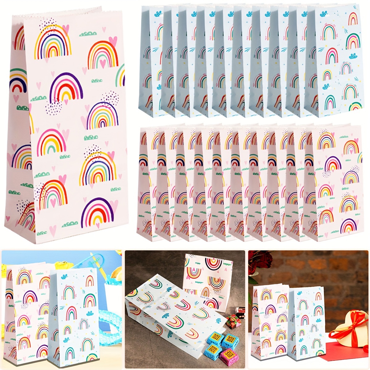 

20pcs Rainbow Goodie Bags Party Favor Gift Treat Snacks Candy Paper Bags, Party Supplies,