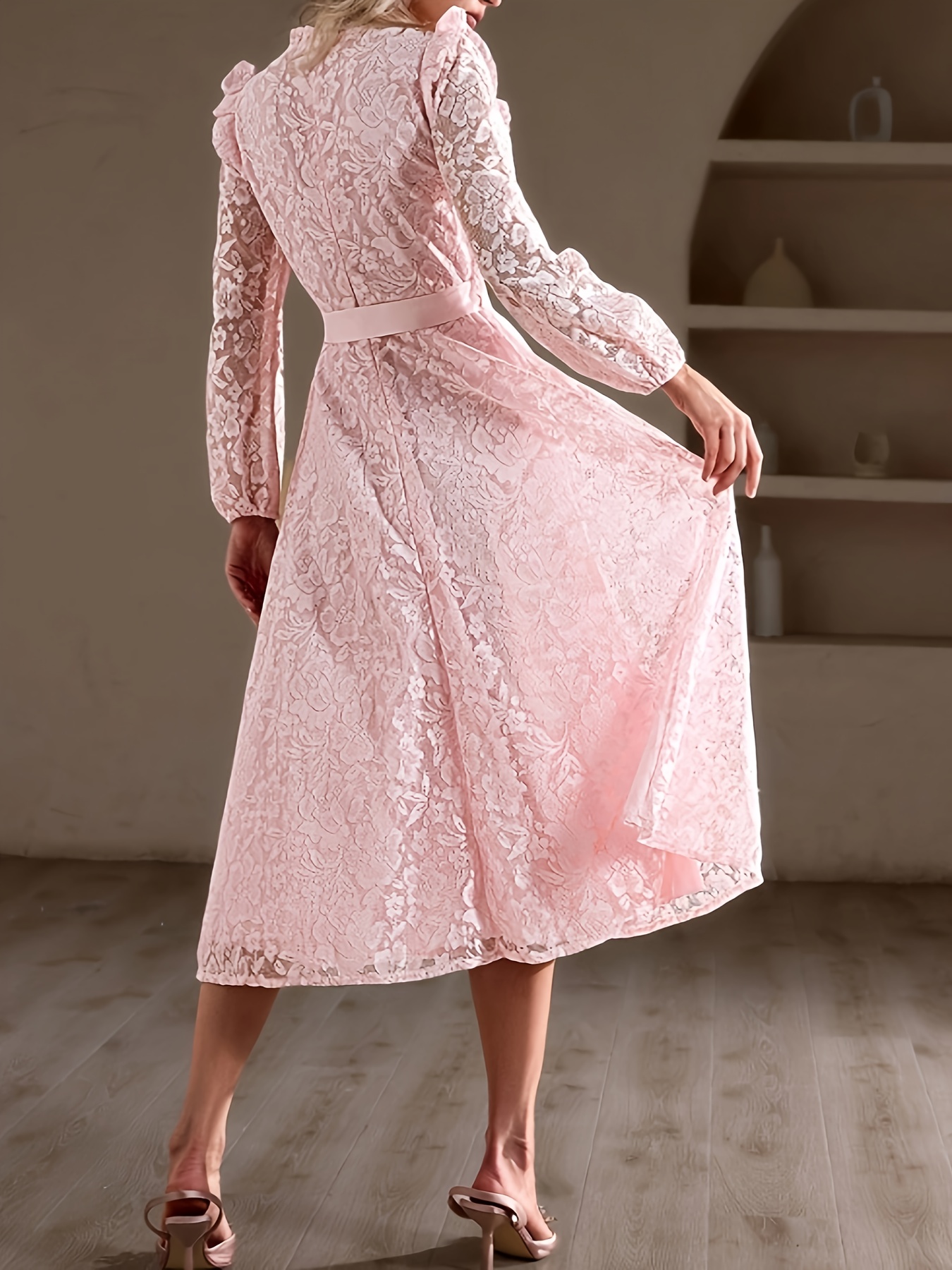 knee length dresses for ladies High Quality Crochet Lace Belted Flower Print Long Sleeve Bohemian Dress Lavender / M
