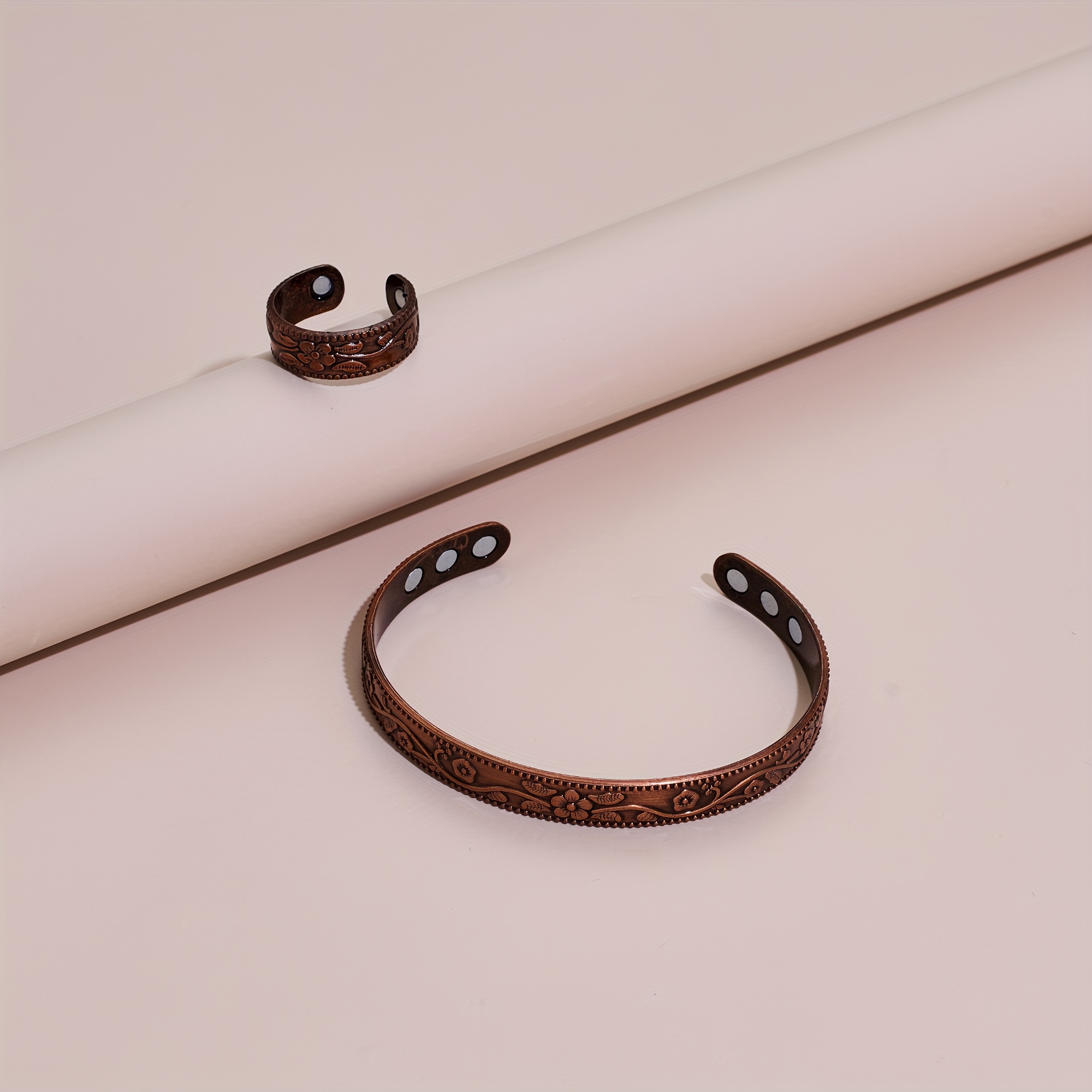 Vintage Copper Flower Bracelet and Ring Set, Adjustable