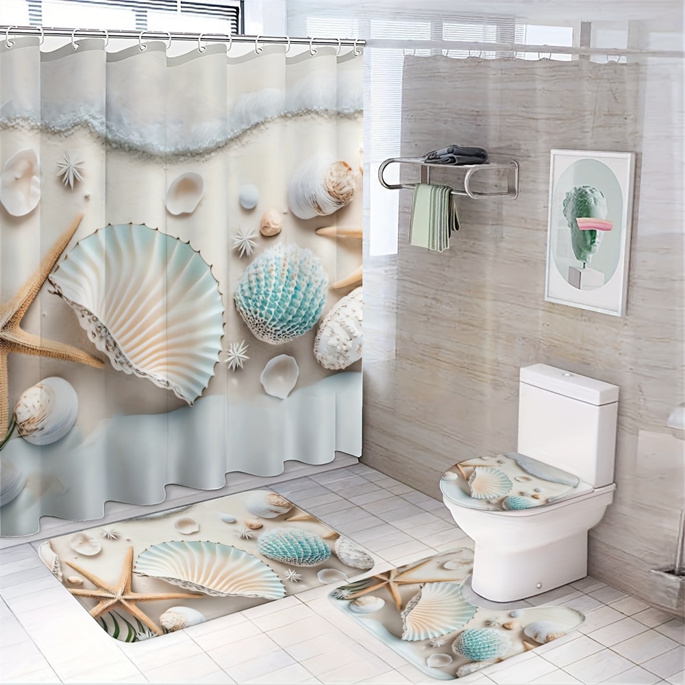 

1/3/4pcs Beach Shell Pattern Bathroom Set, Machine Washable, Shower Curtain, Non-slip Bath Mat, Mat, Toilet Lid Cover, Bathroom Decor, Hooks Included
