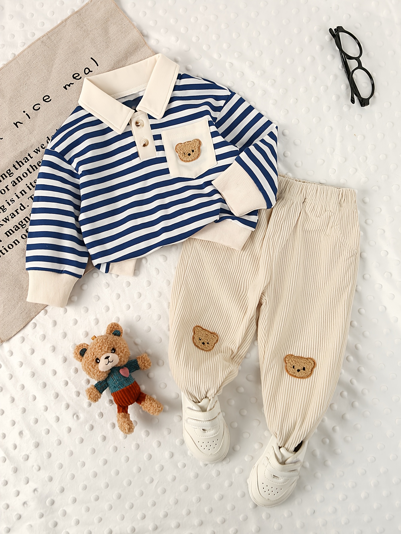 2pcs baby boy autumn and winter outfit featuring a blue and white striped long sleeve   shirt with a bear embroidery on the pocket   with beige corduroy casual pants the soft and comfortable corduroy material provides   Product details 3
