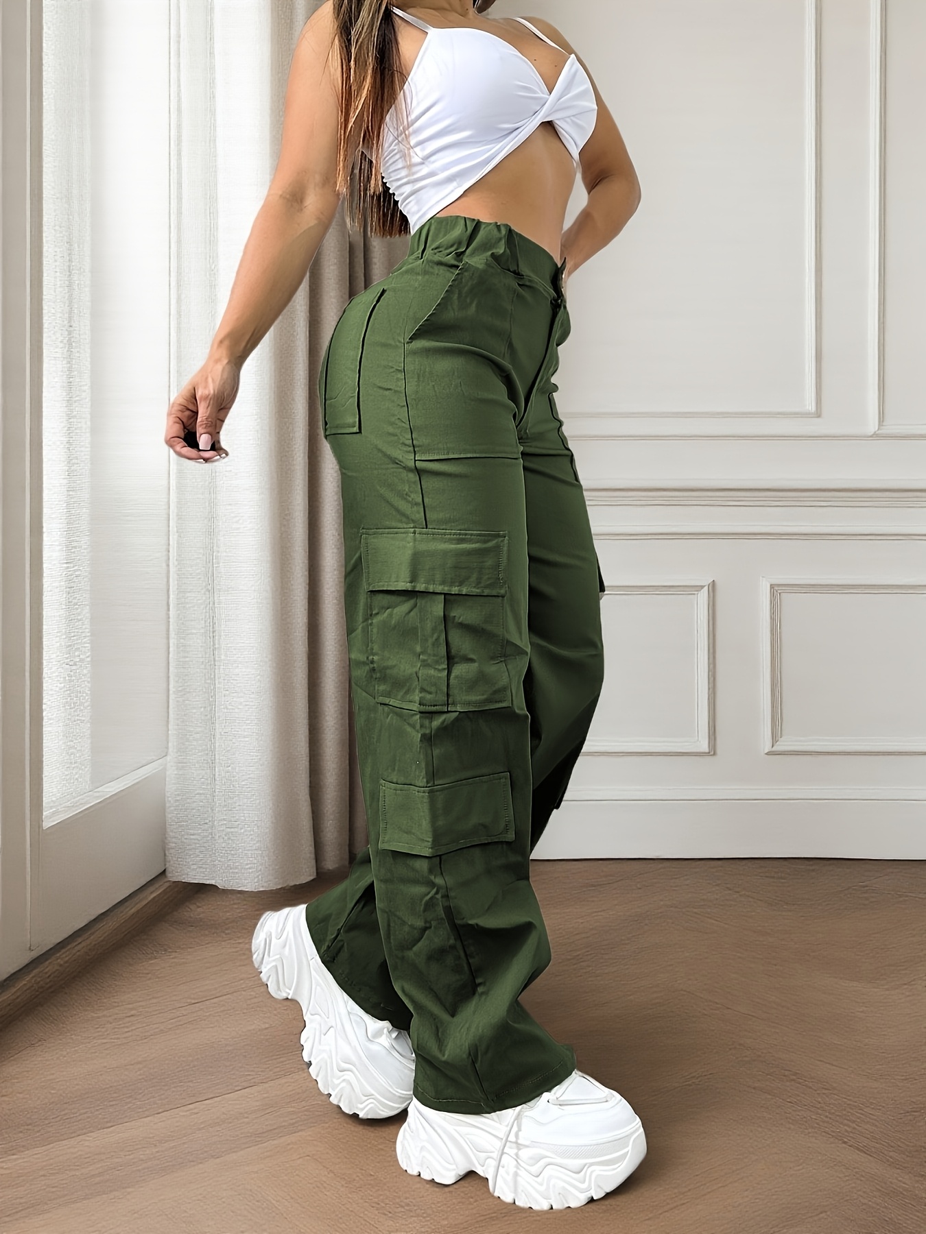 women's stylish olive green cargo pants with flap pockets - high-waisted,  straight-legged and machine washable, casual spring/summer wear - women's  clothing - Temu