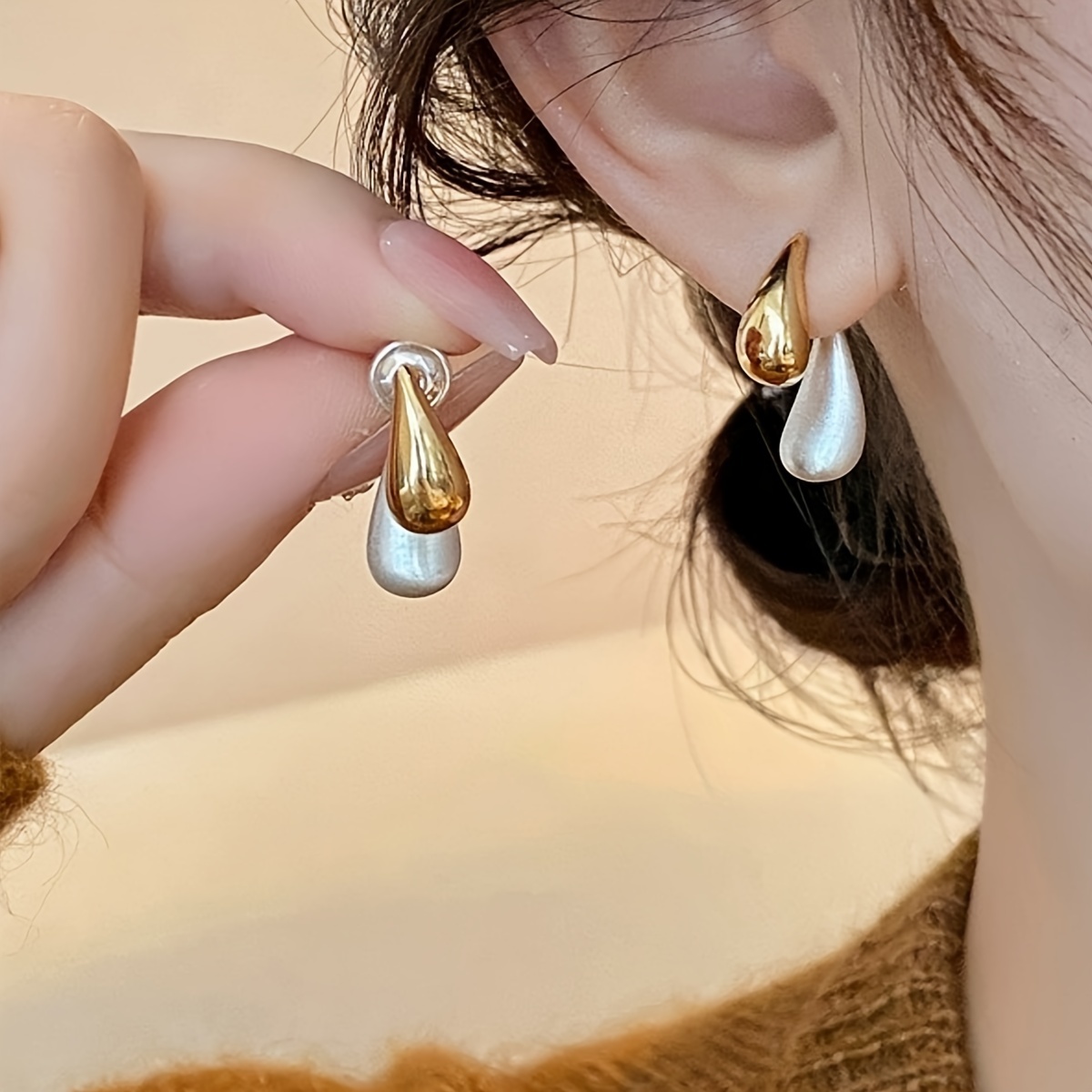 

Plated Teardrop Stud Earrings, Unique Minimalist Design, Versatile Simple Studs, Fashion Jewelry Accessories For Women