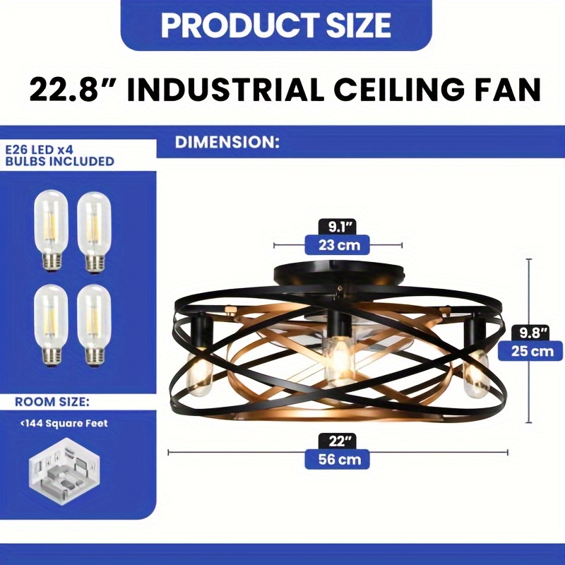 

Quoyad Caged Ceiling Fans With Lights Remote Control, 22'' Bladeless Low Profile Ceiling Fan, 6 Speeds Flush Mount Enclosed Ceiling Fans With Reversible Motor, Matte Black Gold (4 E26 Bulb Include)