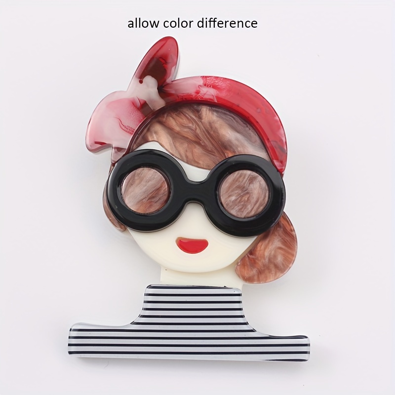 TEMU 2d Flat - Retro 2d Acrylic Cartoon Glasses Brooch - Unique Irregular Shape, Creative Fashion Accessory For Clothing And Bags, Striped Dress And