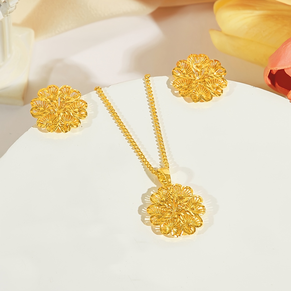 3D Flower Earrings & Pendant Set, Golden for Parties & Balls