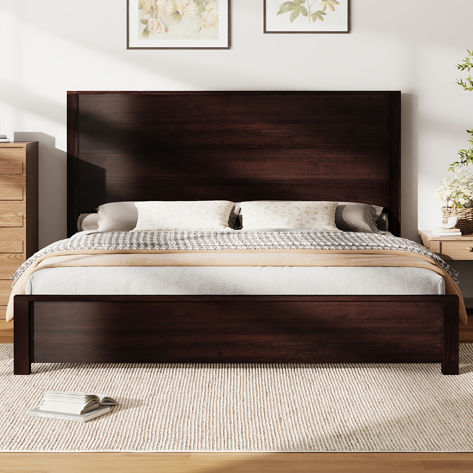PAPAJET Rustic Solid Wood Platform Bed | Spliced Headboard | PAPAJET