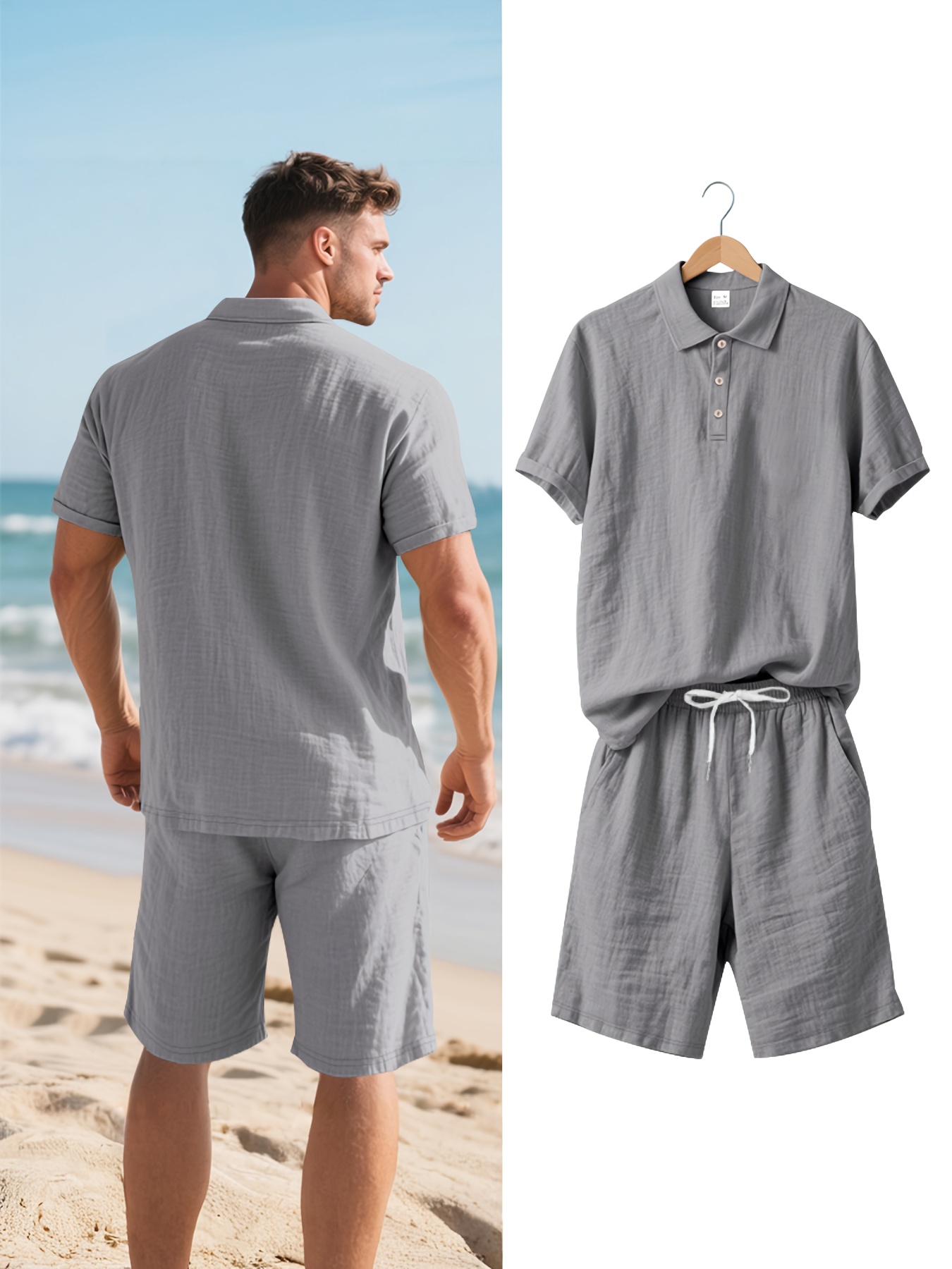 Men's Linen Short Sleeve Shorts Set, Summer Outdoor Sports Casual Breathable Short Sleeve Shirt with Shorts