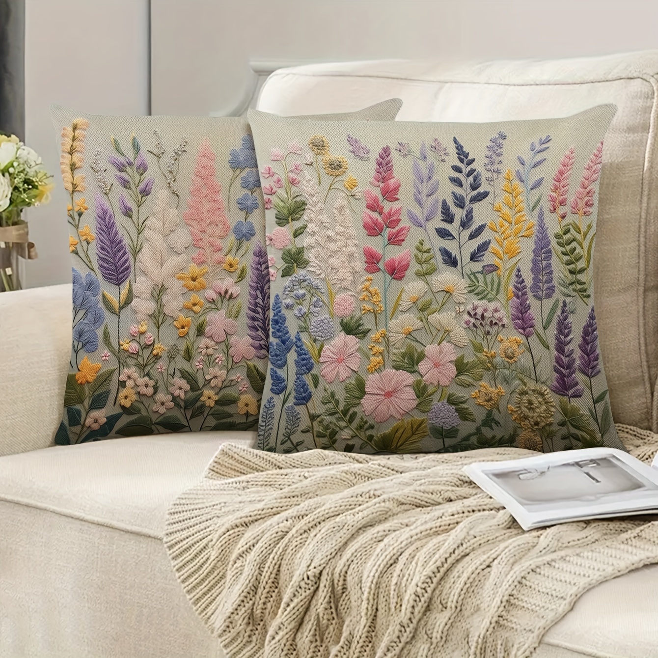 

2pc, Flowers Pattern Printed Pillowcases - Suitable For Sofa Beds, Car Living Rooms, And Home Decoration. Square Linen Material, 18"x18", Zip Closure, Machine Washable, And Knit Fabric.