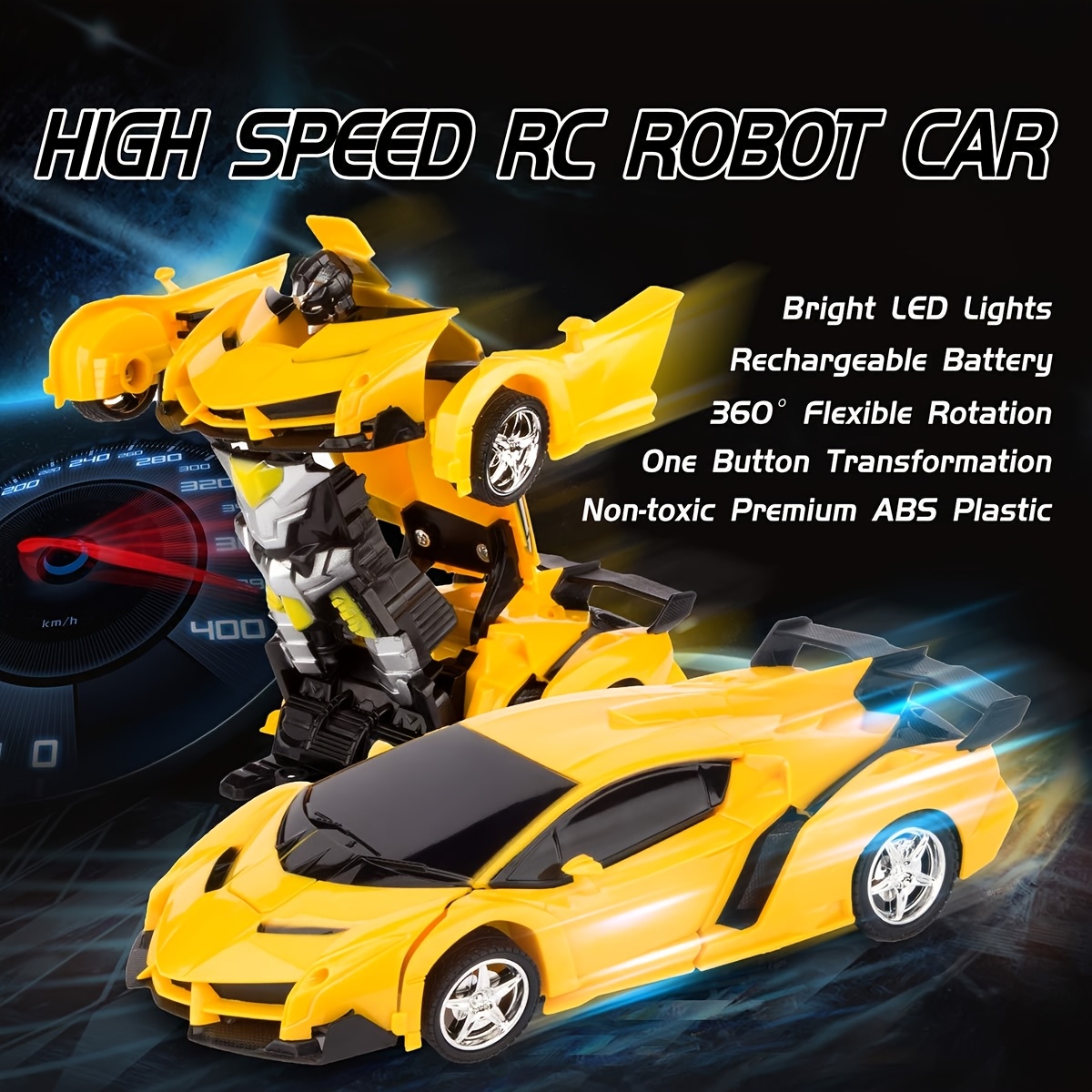 1:18 Scale Yellow Robot Transforming Remote Control Car for Youngsters - 360° Rotating LED Lights, 14KM/H, Rechargeable Lithium Battery (800mAh*2), USB Charging, Flashing Taillights & Headlights, Futuristic Design - Perfect Christmas or Birthday Gift, Fun Outdoor Play | Sleek Aerodynamic Design | Rechargeable Toy, SHOLLAR