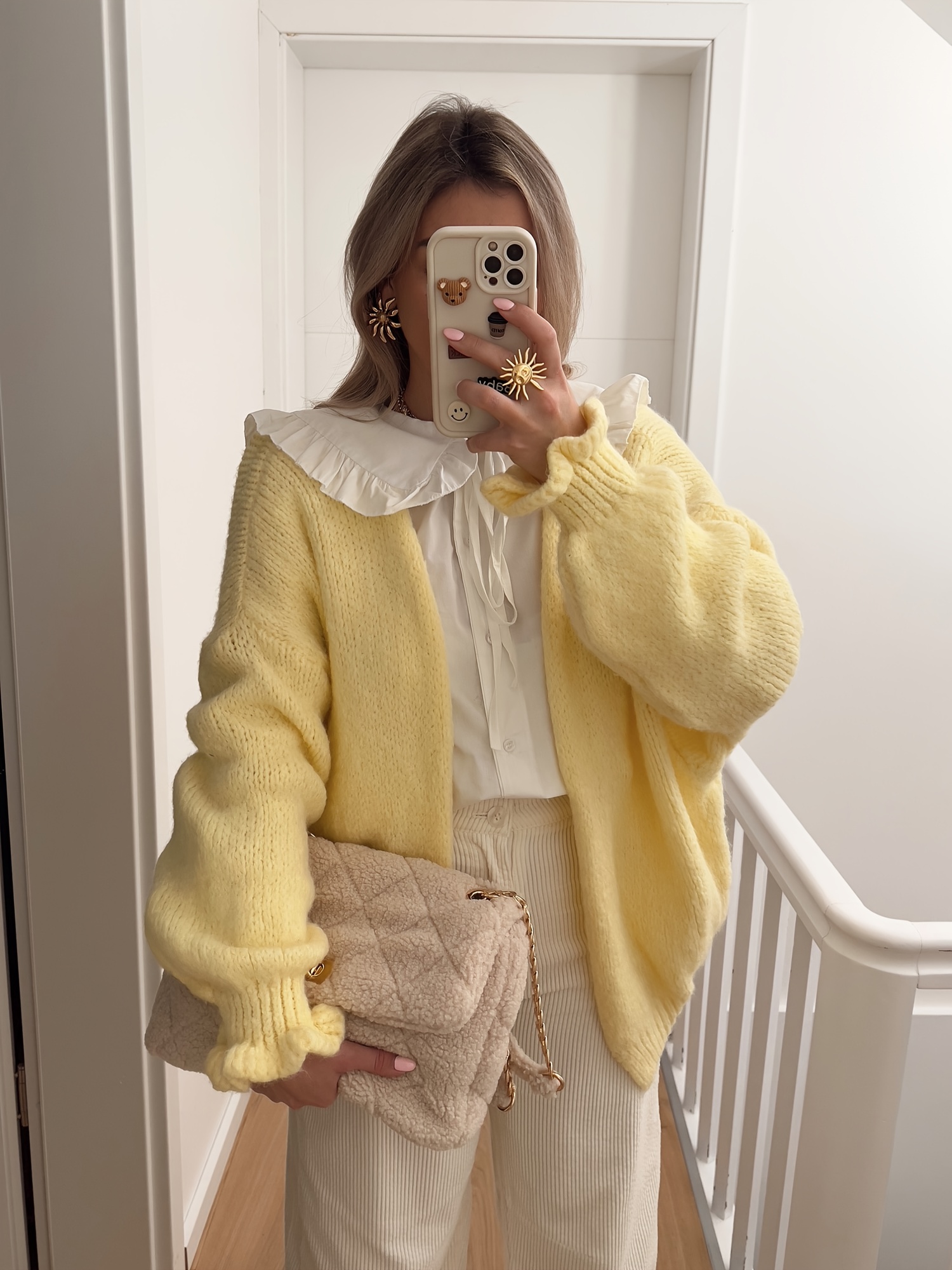 frauen cozy gelbe cardigan puffärmeln weiche lange ärmel Temu