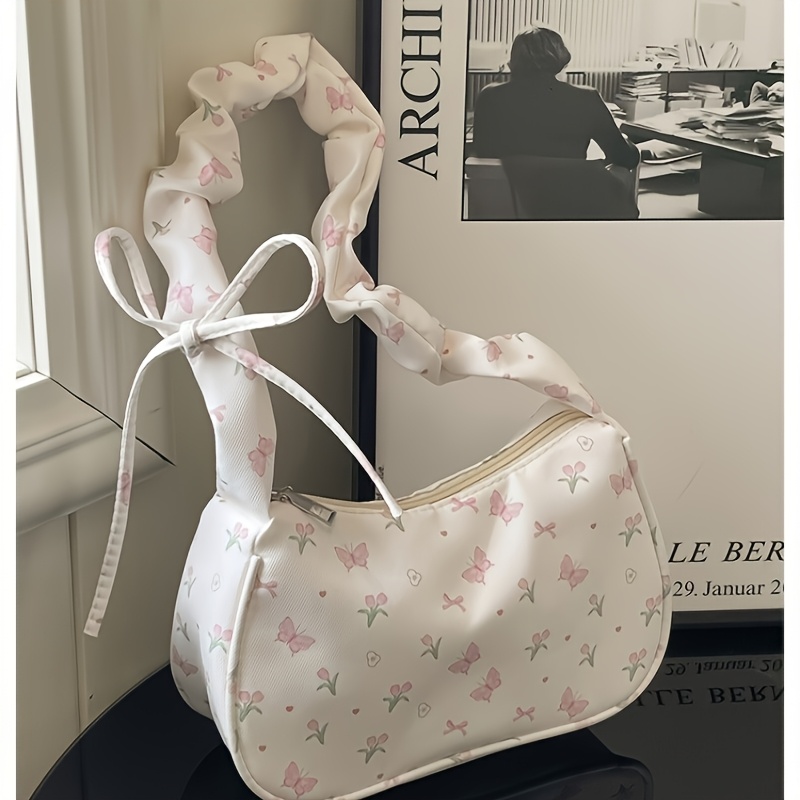 TEMU Fresh & Stylish Women's Handbag With Strawberry, Cherry And Prints, White Zippered Mini Shoulder Bag For Phone