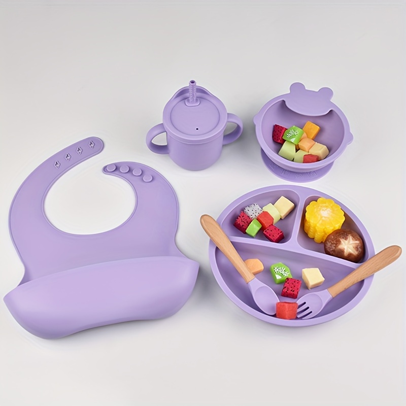 TinyFluffy Set Stoviglie Bebè 9 Pezzi In Silicone – Piatto, Ciotola Con Ventosa, Bavaglini E Posate Per BLW - 4