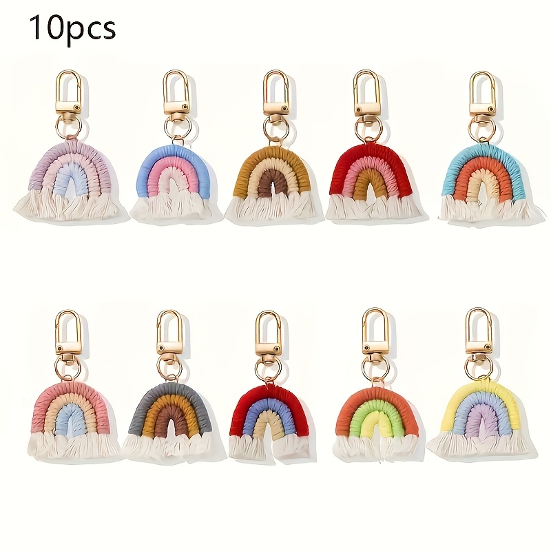 Image of 10pcs Christmas Handmade Woven Rainbow Keychain, Tassel Design Colorful Romantic Aesthetics, Cute Creative Gifts For Family, , Colleagues, And , Decorative Key Ring Set, Rainbow Pendant Additions