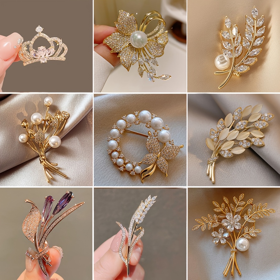 Set Of 9 Stylish Brooches Featuring Pearls And Rhinestones, Perfect For Women. Trendy Pins Are Great Additions For Clothing And Make Gifts