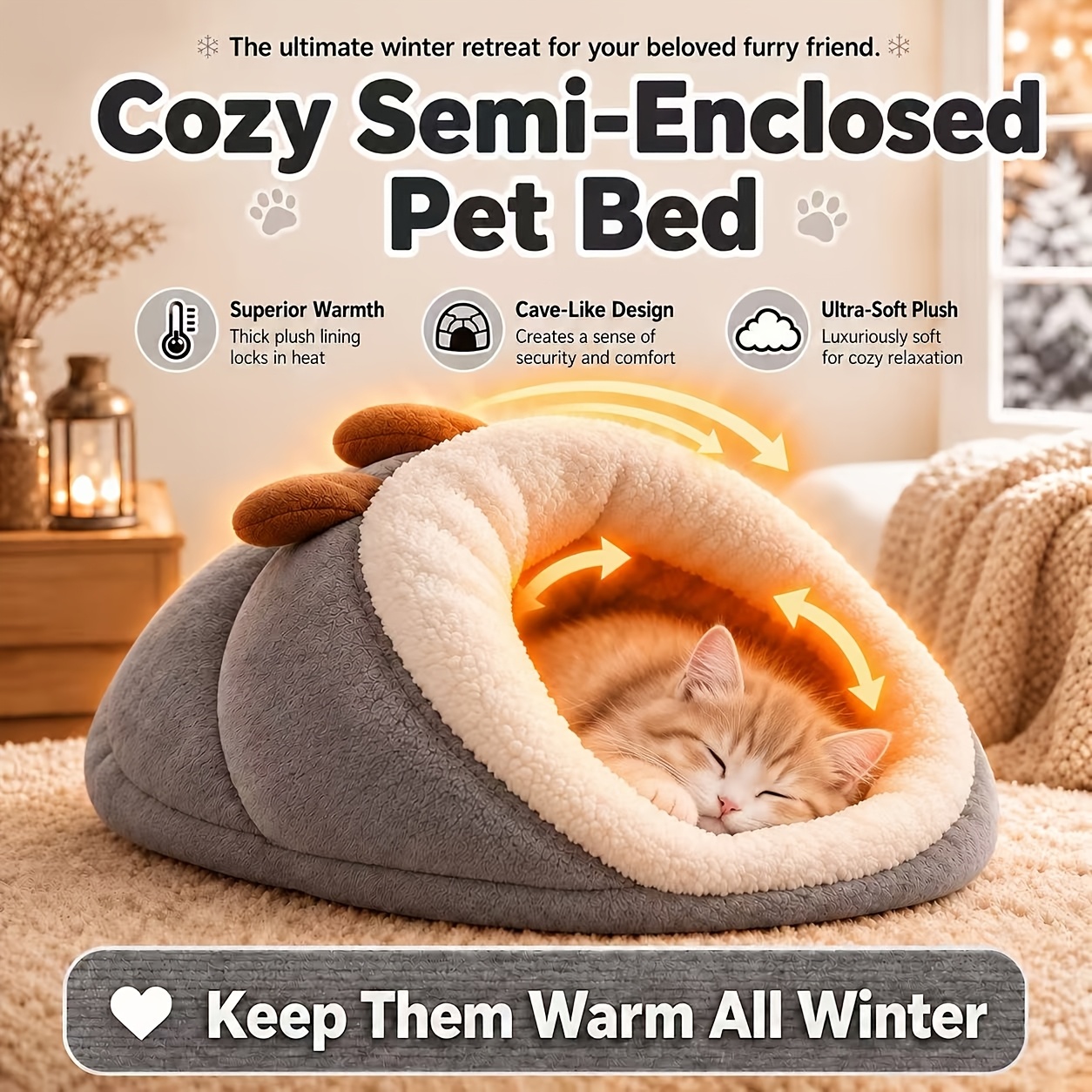 TEMU Winter Warm Semi-enclosed Cat Bed, Thickened Autumn/winter Pet Sleeping Bag, Cat Tunnel Bed, Soft Long Plush Cat Cave, Universal Foldable Cat