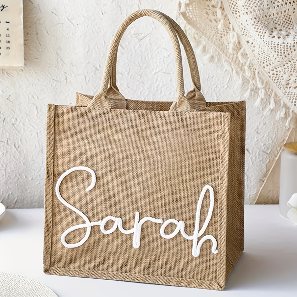 Image of 1pc Burlap Handbag With Twisted Rope Handle, Personalized Gift Bag, Personalized Bridesmaid Tote Bag, Beach Tote Bag, Bachelorette Party Bag, Bridesmaid Proposal Gift, Wedding Favor Bag