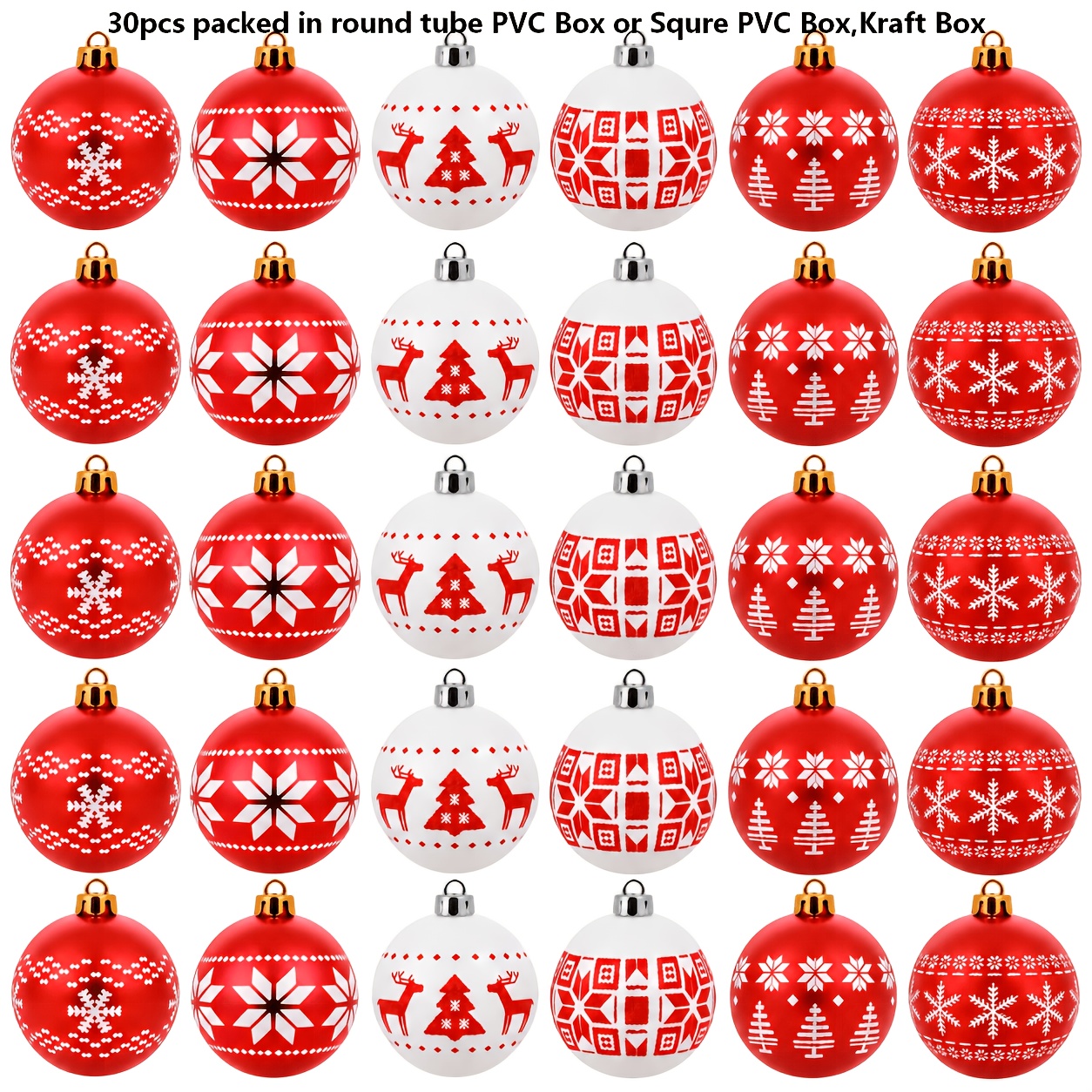 TEMU 24/30pcs, Ensemble de décorations d'arbre de Noël de 6 cm - Ornement suspendu en plastique , mariage, fête - Design rouge et blanc peint à ,