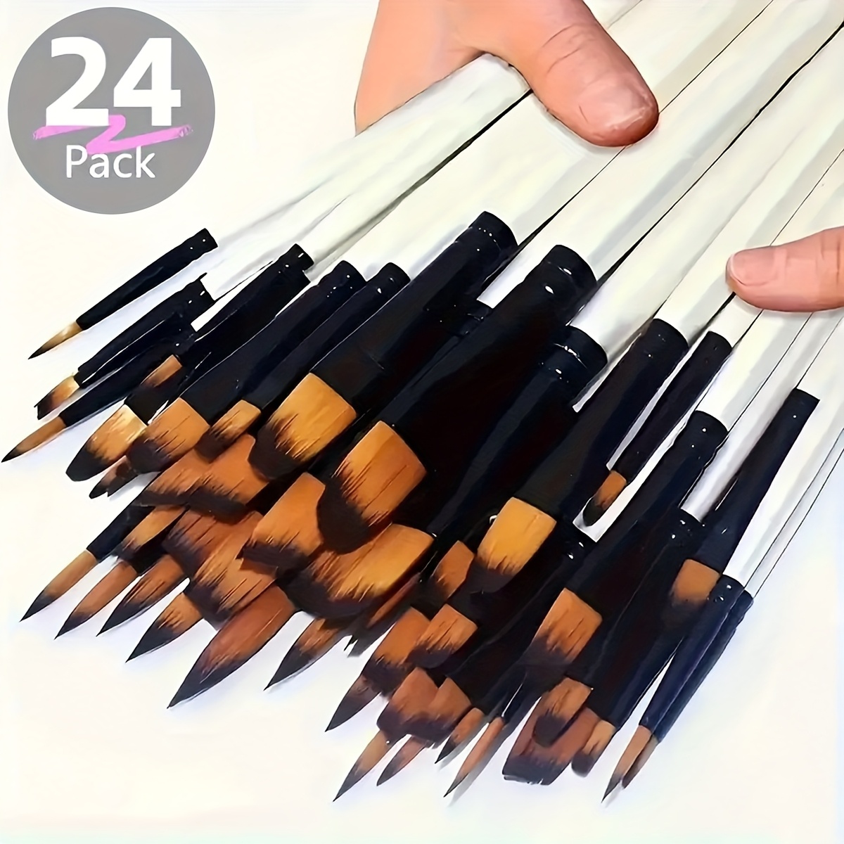 24pcs Paint Brush Set For Oil, Acrylic, Watercolor, Gouache Painting - Shapes Including Round, , Flat & Angular, Easy To Clean, High-quality Ideal For Artists & Beginners