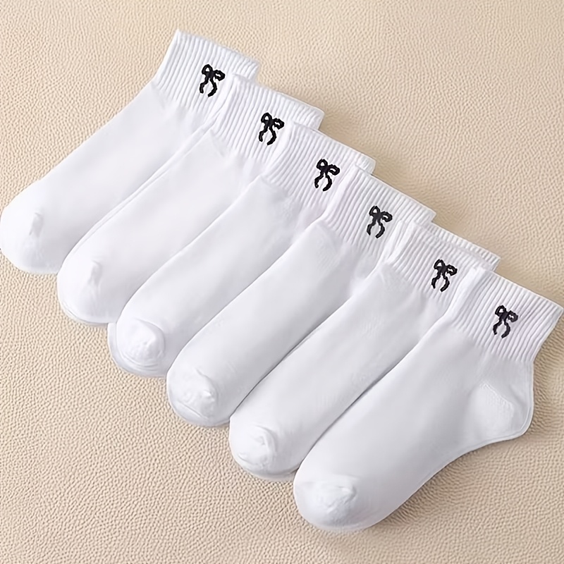 TEMU 12 Pairs Women's Socks Spring Summer Black White Bow Print Solid Short Socks Trendy Versatile Preppy Style Cute Short Tube Socks