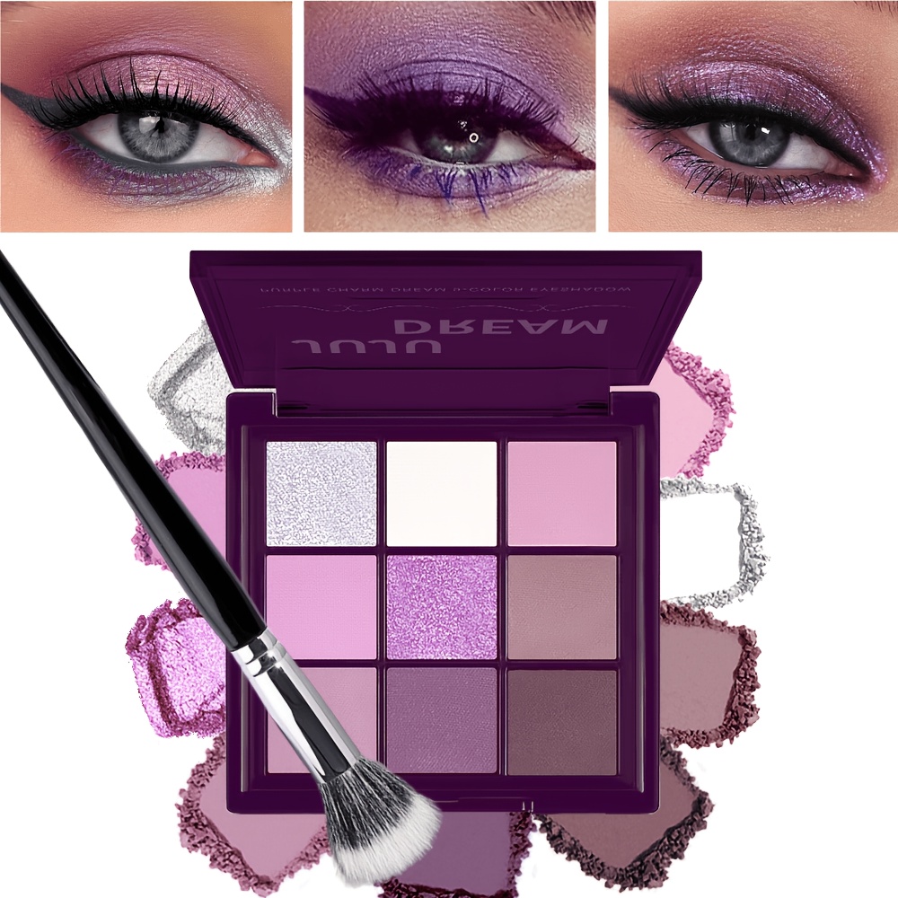 Image of 9 Color Purple Eyeshadow Palette With Makeup Brush - Matte & Glitter Shimmer Eye , Pigmented, Long-lasting Waterproof Makeup, Easy Blend Violet Pink Tones For Party, Daily & Night Look