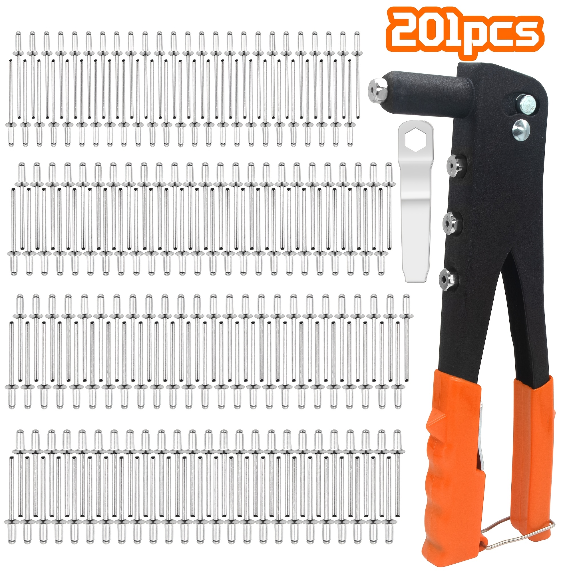 Image of 201pcs 4-in-1 Hand /rivet Gun, Pop Rivet Tool Kit With Rivets - 3/32-inch, 1/8-inch, 5/32-inch, 3/16-inch, Interchangeable Nosepieces, Suitable For Metal